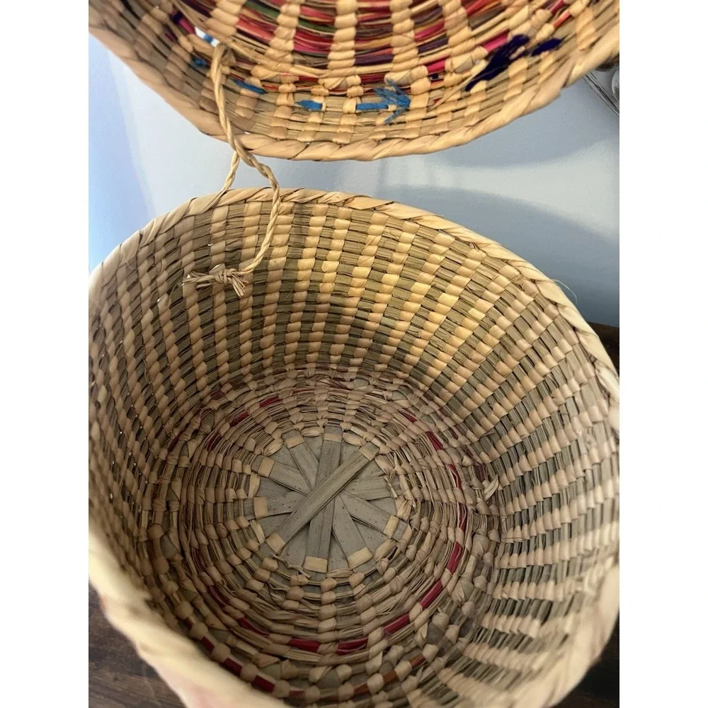 Vintage Mexican Handwoven Palm Lidded‎ Basket Folk Art Boho Southwestern